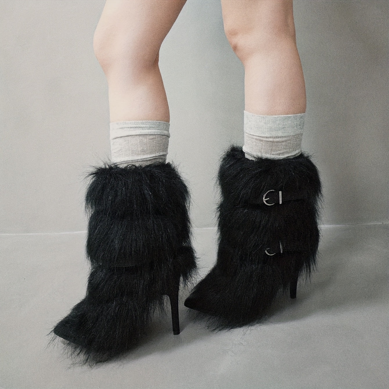 Faux Fur Plush Short Boots with Stiletto Heels
