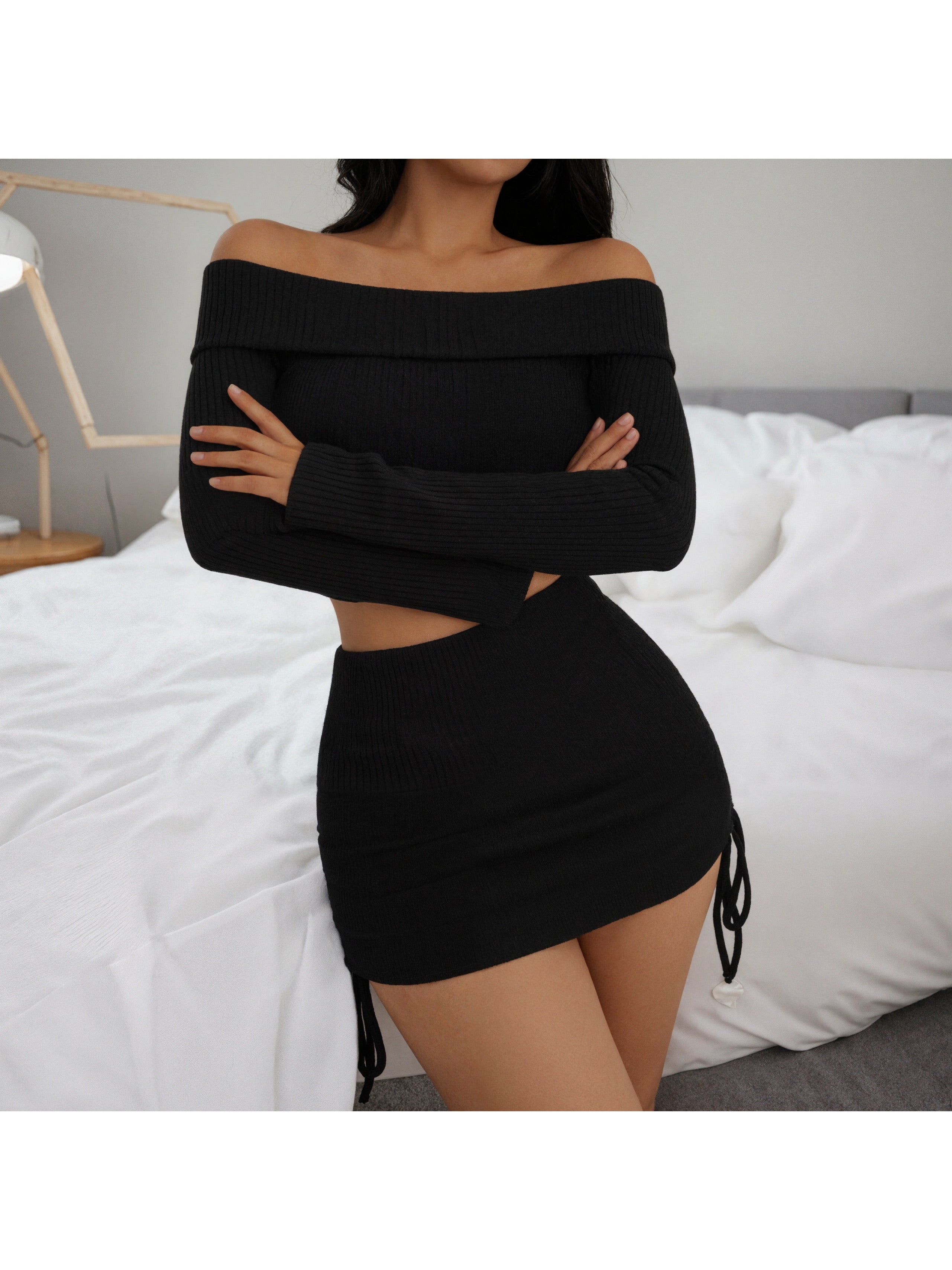Off Shoulder Crop Top & Ruched Skirt Set