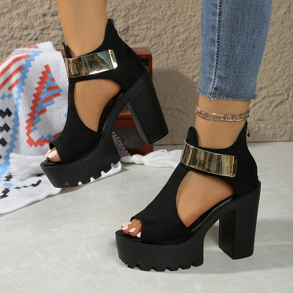 Elegant Roman Sandals - 4.33inch Chunky Heel Open-Toe Platform Shoes with Golden Straps & Ankle Support