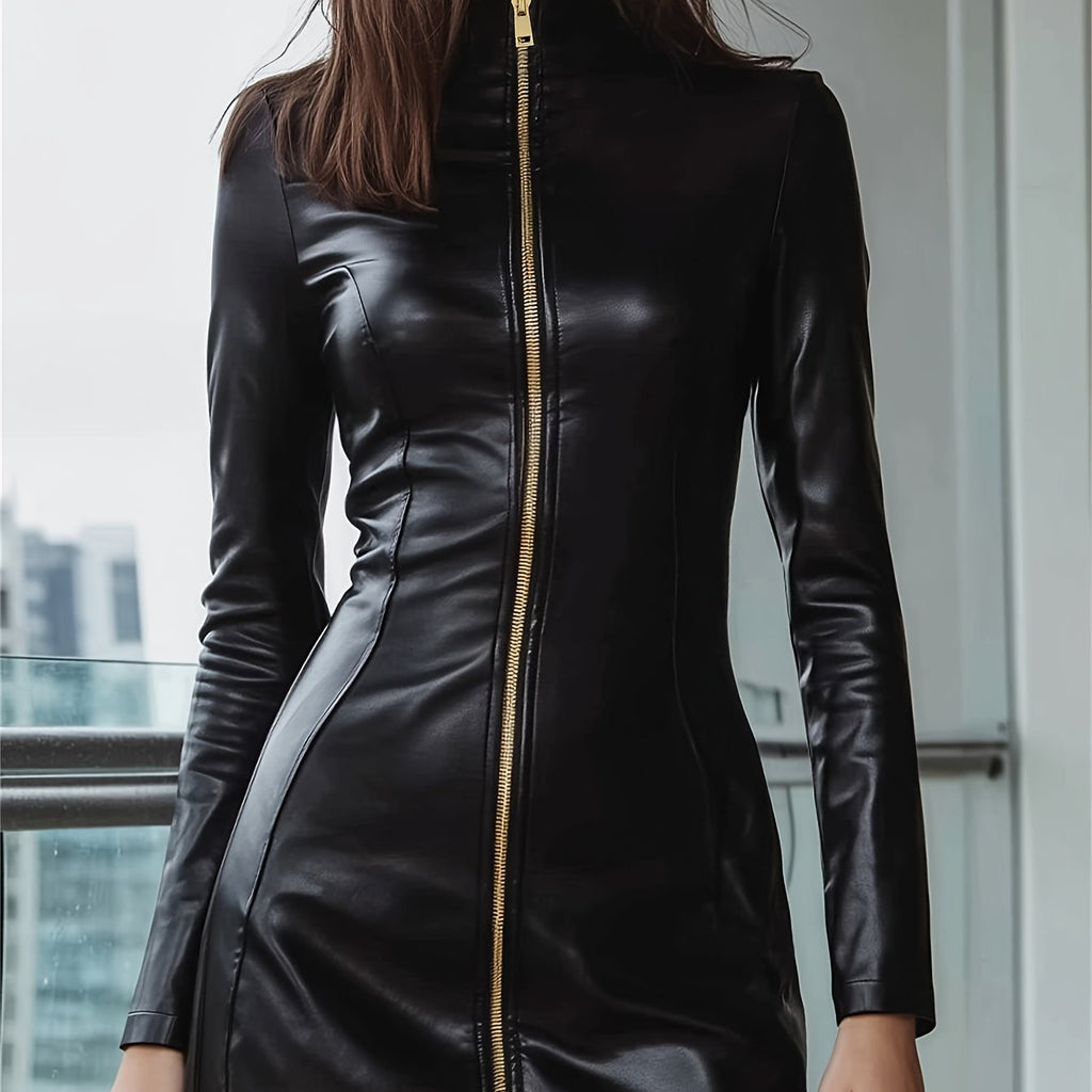 PU Long-Sleeve Dress with a Stand Collar