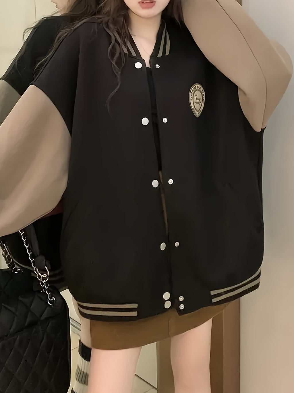 Women's Retro-Inspired Baseball Jacket - Casual, Thick & Loose Fit with Button Detail, Machine Washable