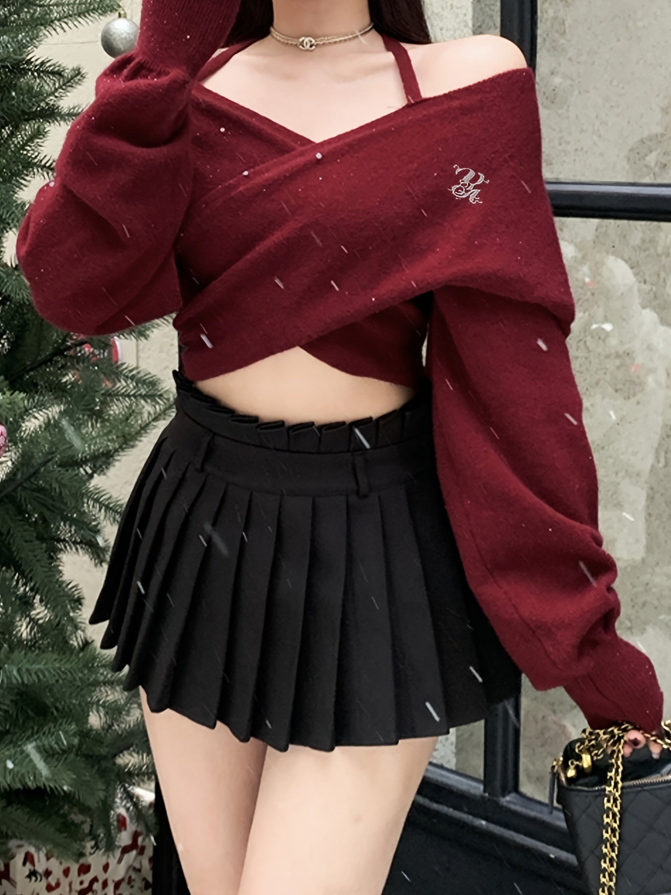 Women's Off-the-Shoulder Cross Front Sweater - Soft Warm Winter Pullover with Deep Red Solid Color, Korean Fashion Short Length Top for Casual & Festive Outfits, Autumn Wardrobe Essential, Notched Collar Design, Soft Texture