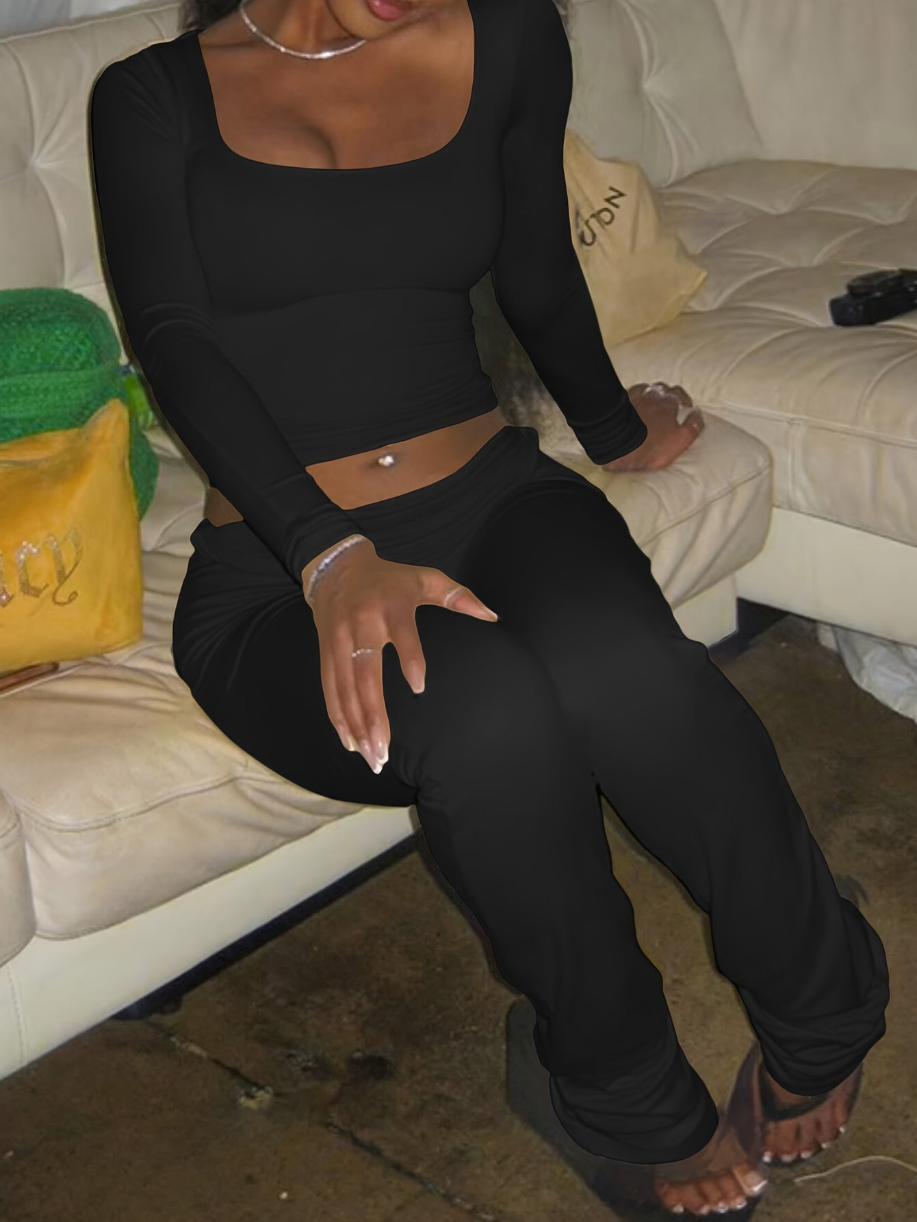 Square Neck Crop Top & Wide-Leg Pants Set