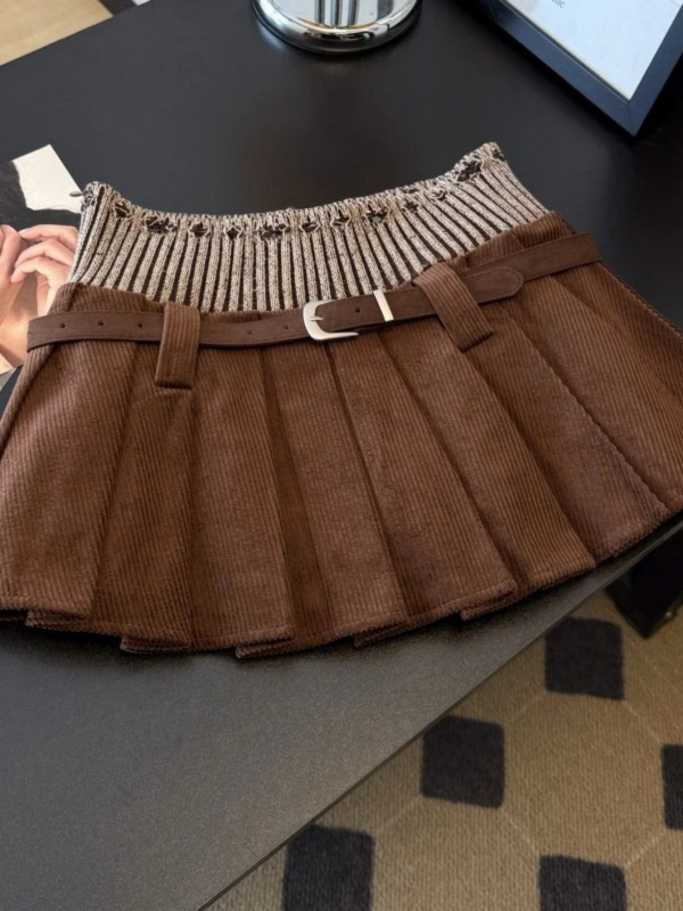 Paneled High Waist Pleated Mini Skirt