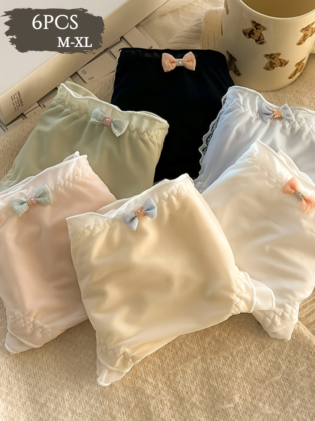 {6pcs} Lace Seamless Breathable, Comfortable, Soft, Light Beige Friendly, Sweet Bow Design Machine Washable Mid Waist Underwear