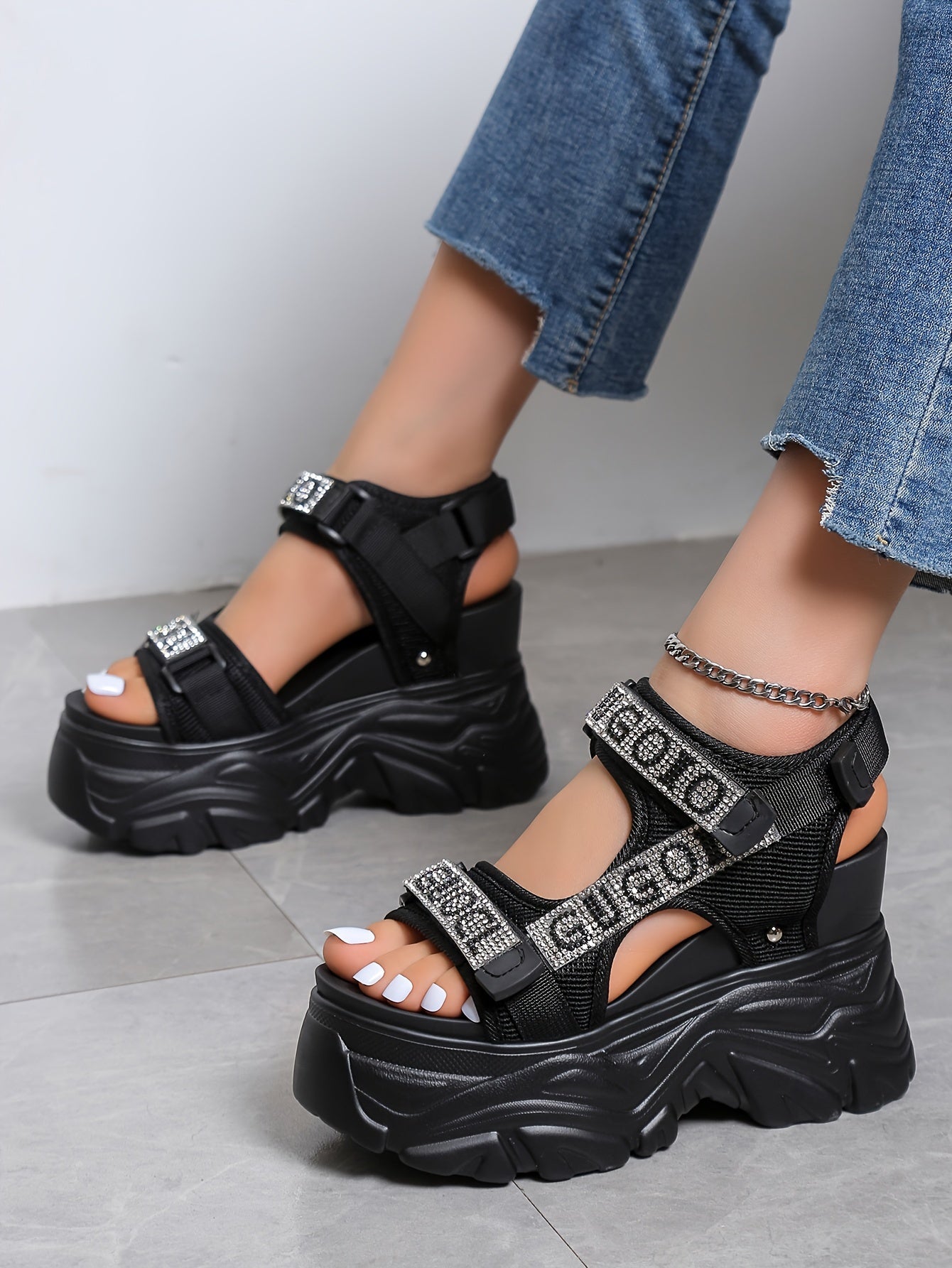 Women's Rhinestone Platform Sandals - Black Open Toe High Heel, Breathable Mesh Upper & PU Sole, Fashionable Summer Shoes with Closure for Casual or Party Wear, Casual Footwear | Rhinestone Embellishments, High Heel Sandals