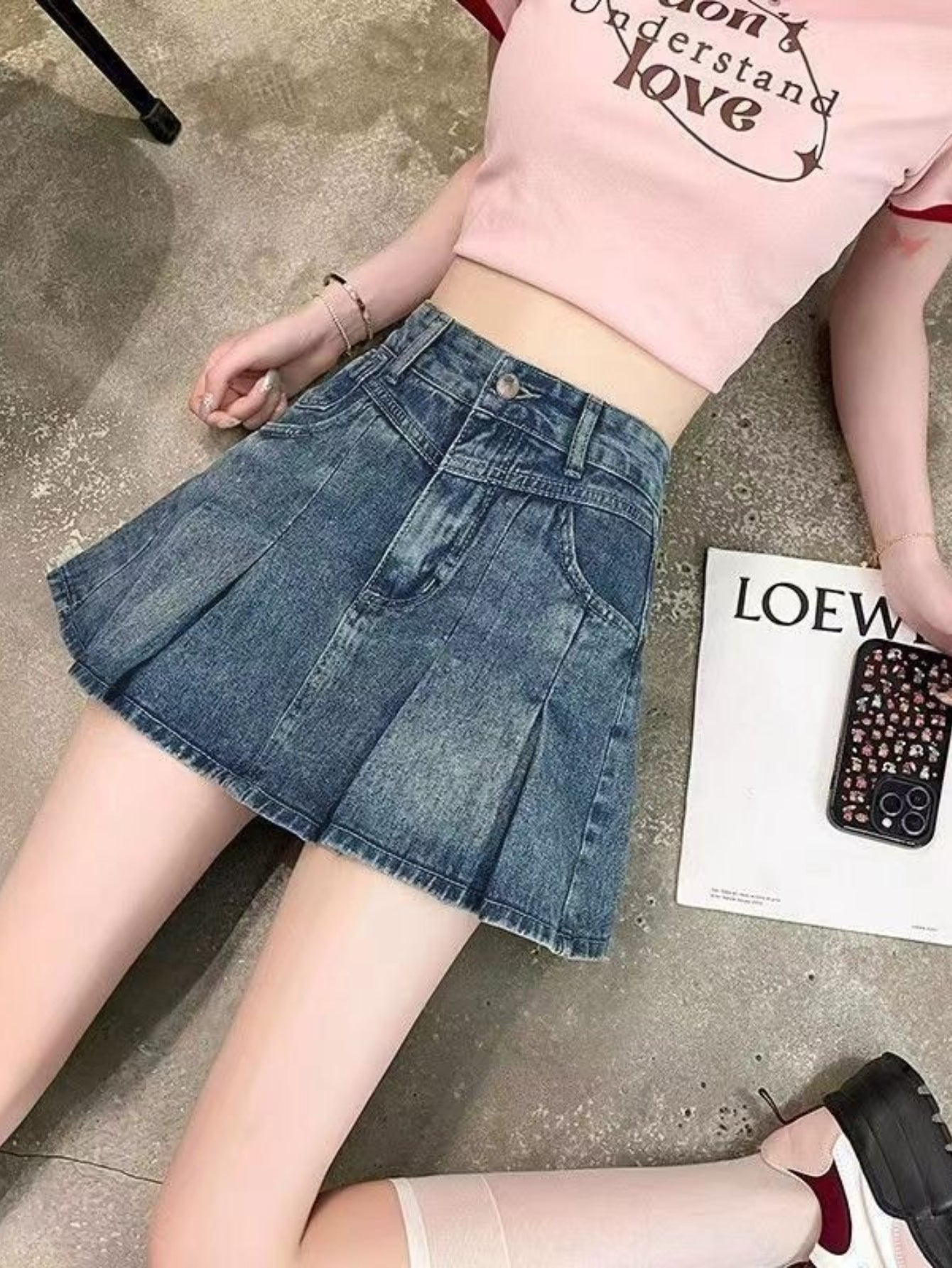 Ruffle Pocket Denim Pleated Mini Skirt