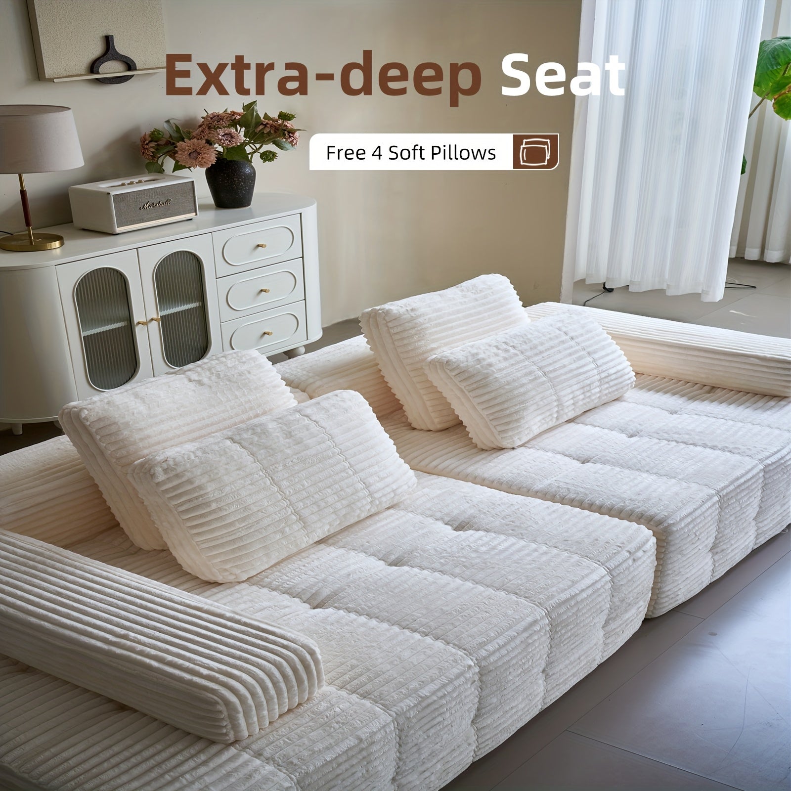 110.24-inch Modular Combination Sofa, U-shaped Living Room Sofa, Striped Fabric Four-seater Soft Cushion Sofa for Living Room And Bedroom (corduroy), No Need to Disassemble (black, Gray)