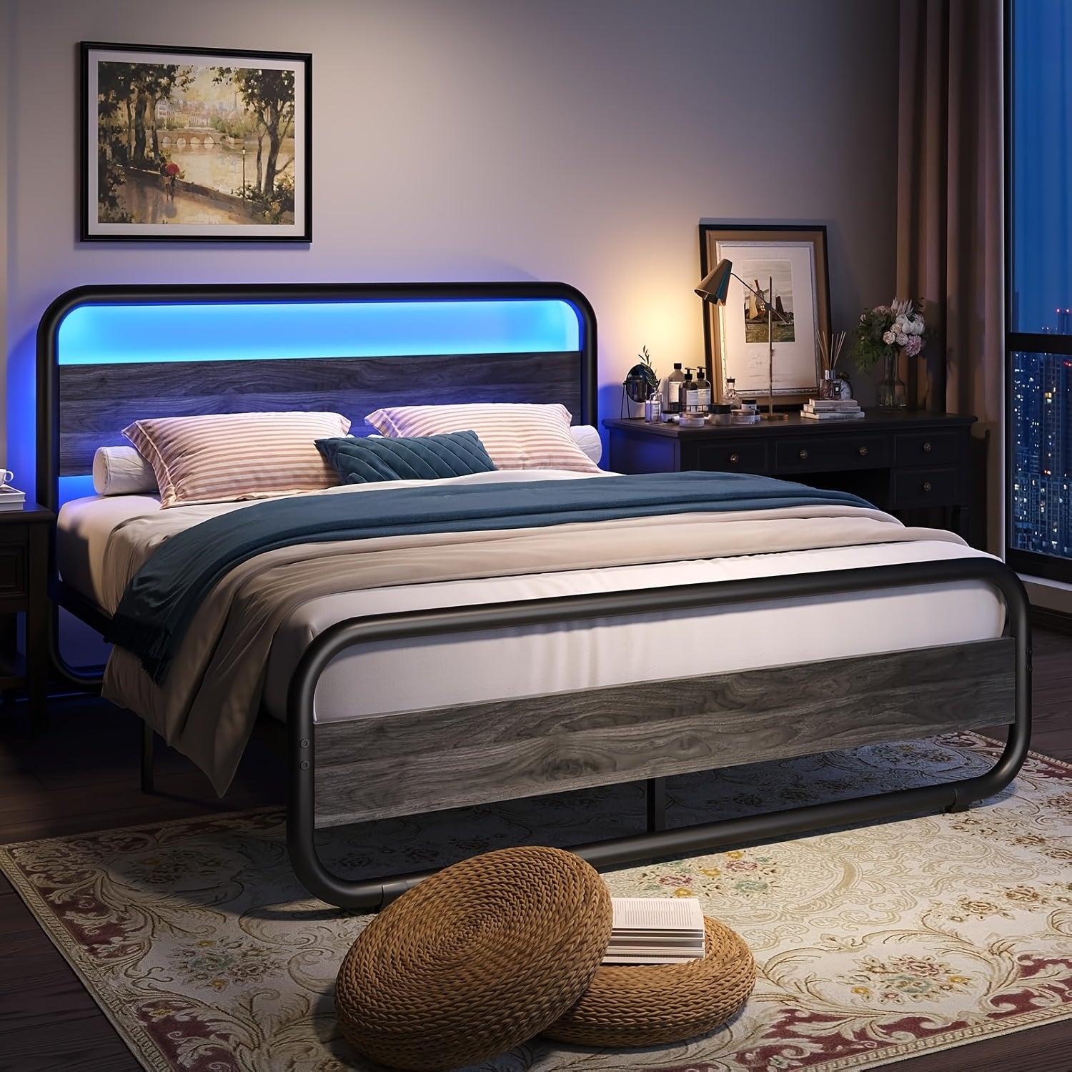 Twin Full Queen King Size Black/Brown/Grey/White Bed Frame with Wood Headboard