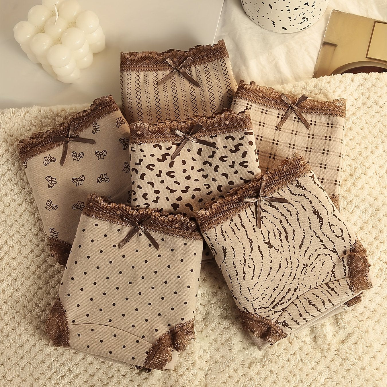 {6pcs} Mid-Rise Briefs - Leopard & Tiger Stripe Print Panties with Lace Trim