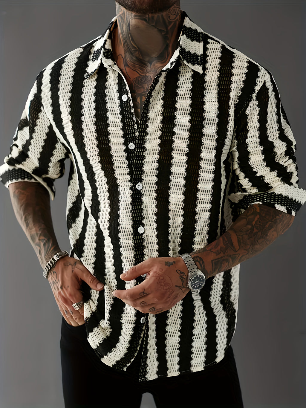 Black & White Houndstooth & Stripe Oversized Casual Shirt