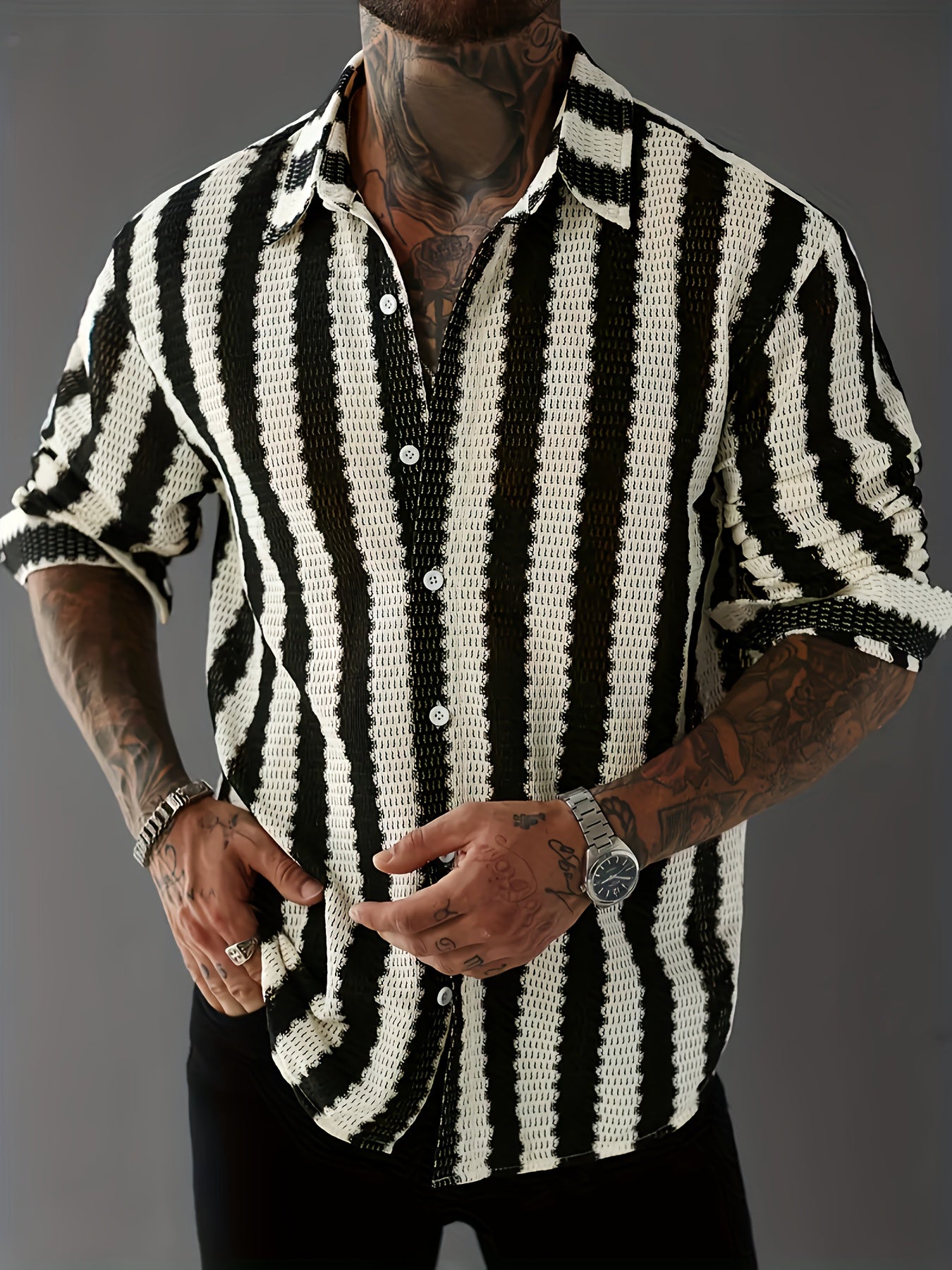 Black & White Houndstooth & Stripe Oversized Casual Shirt