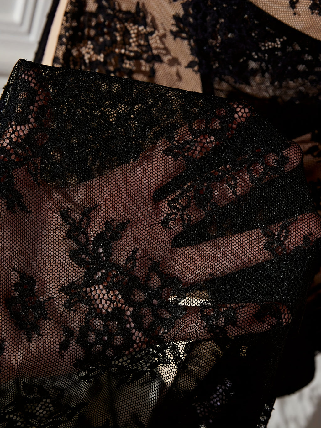 Elegant Black Lace-Trimmed Mesh Maxi Dress