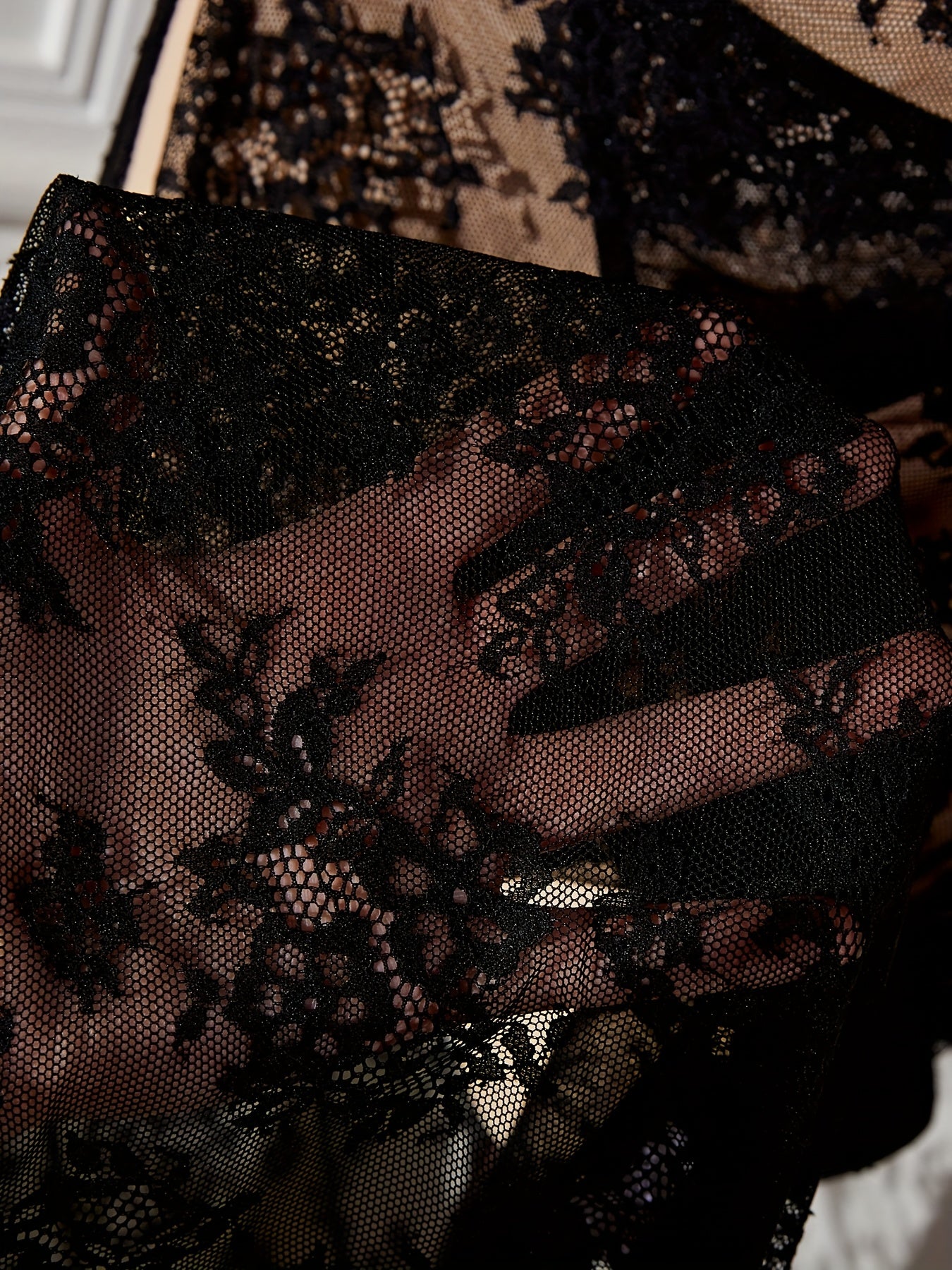 Elegant Black Lace-Trimmed Mesh Maxi Dress