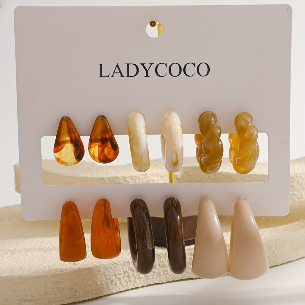 6 Pairs Elegant Geometric C-Shape Acrylic Earrings in Pastel and Earthy Tones
