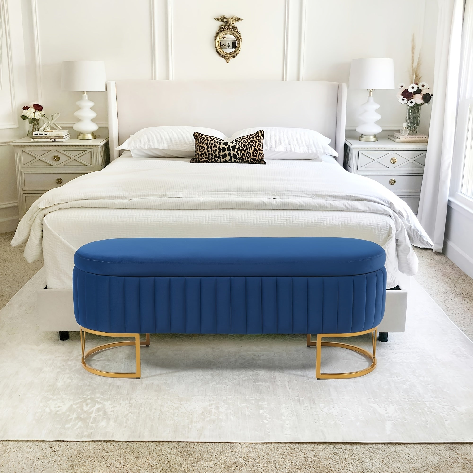 White Velvet Upholstered Storage Ottoman Footrest with Golden Legs