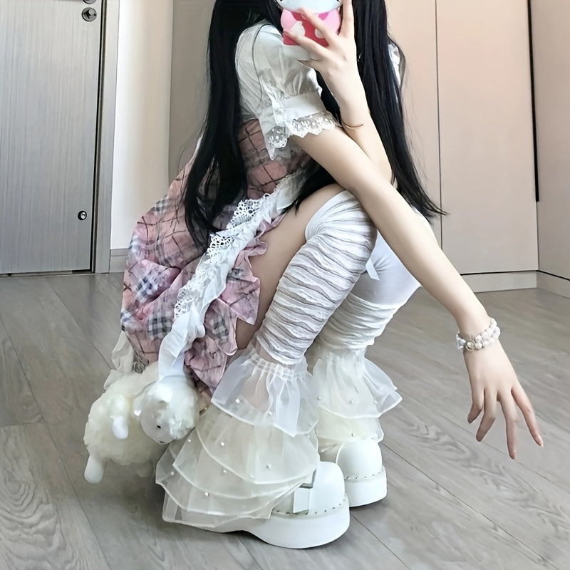 Pearl Embellished Multi-Layer Lace Sheer Ruffle Over the Knee Leg Warmers