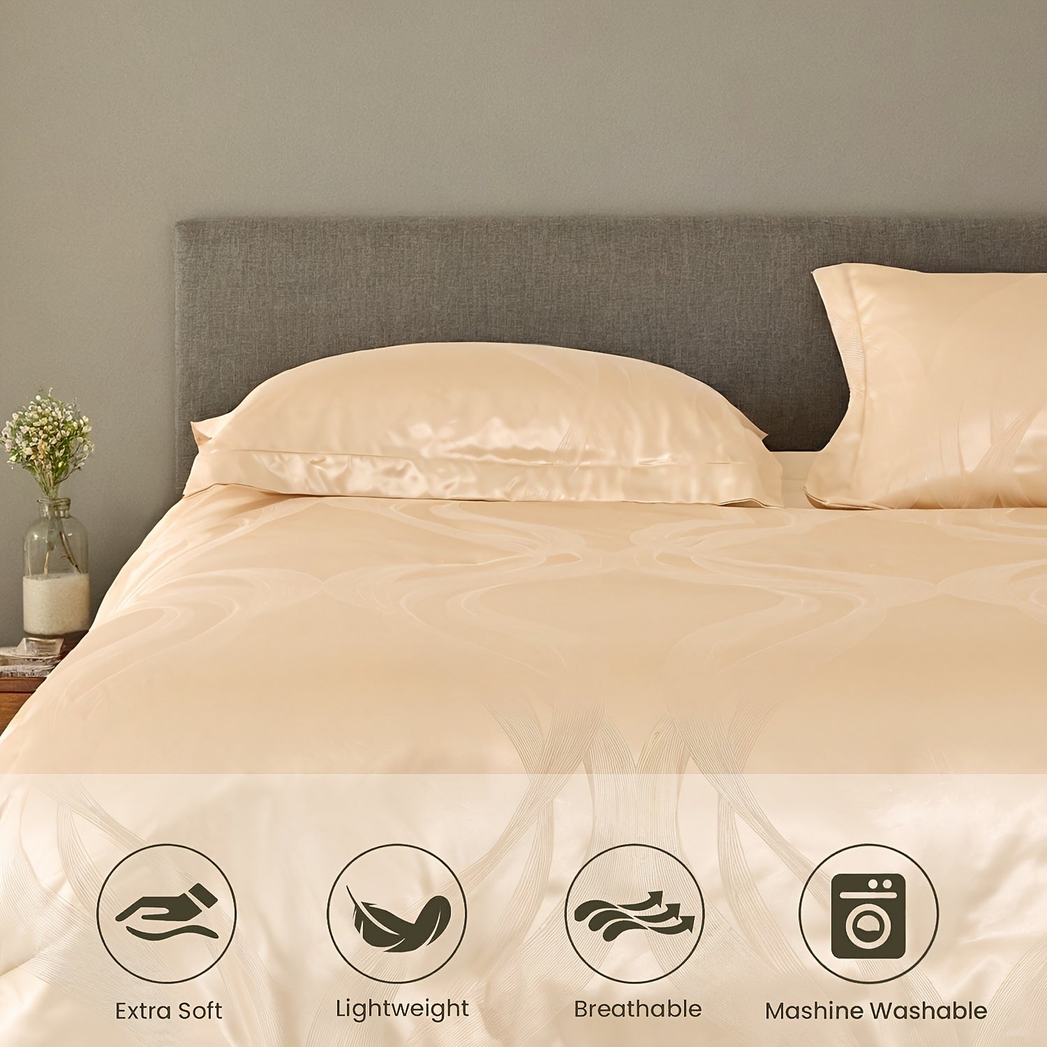 {3pcs} Golden/white Luxury Satin Jacquard Comforter Set