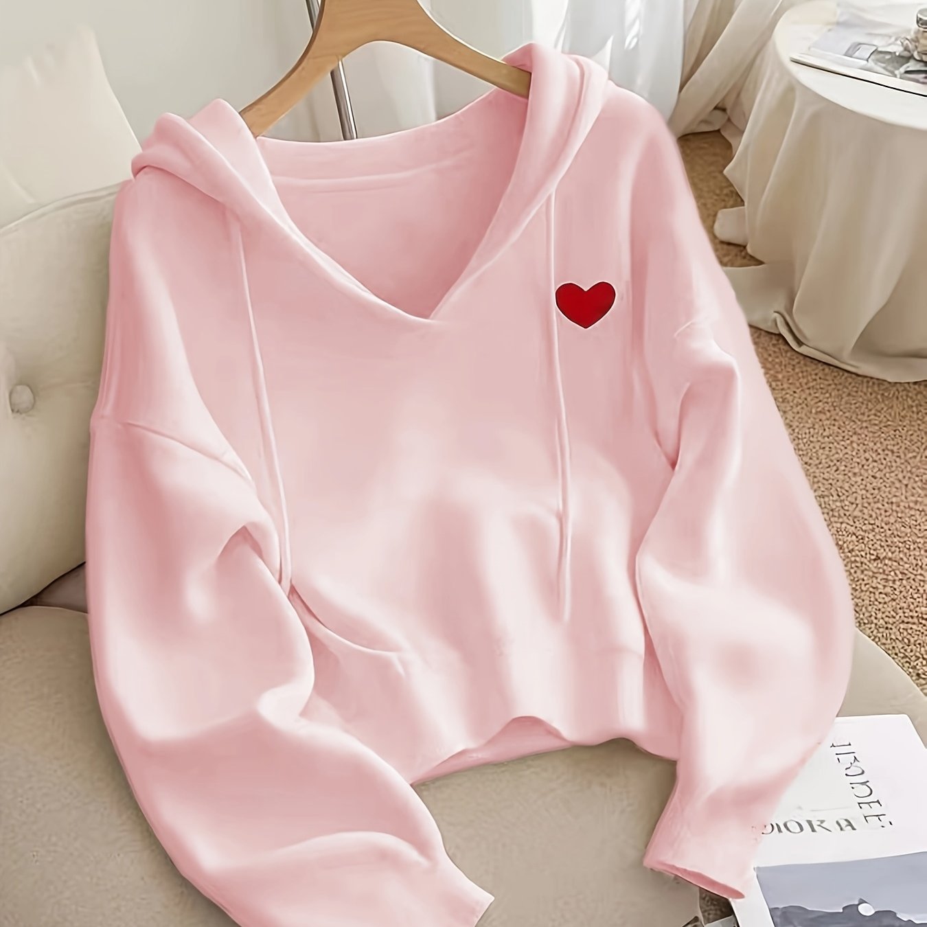 Women's Oversized Hooded Sweatshirt with Red Heart Patch - Cozy Long Sleeve Pullover, Medium Stretch Fabric, Drawstring Hood & Ribbed Cuffs for Fall Winter Casual Wear, Seasonal Wardrobe, Chic Pullover, Durable Construction,