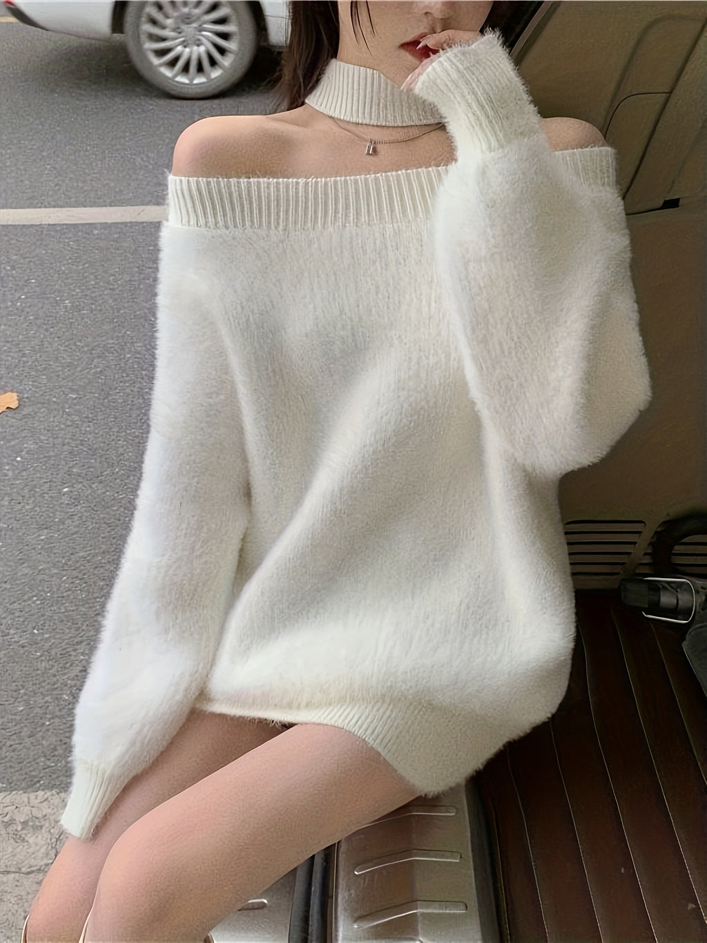 's White Oversized Off-Shoulder Winter Sweater - Collar Long Sleeve Loose Fit Coat Jacket, Reversible Collar Blazer for Fall/Winter, Hand Washable (No Transparency) Office to Party Wear