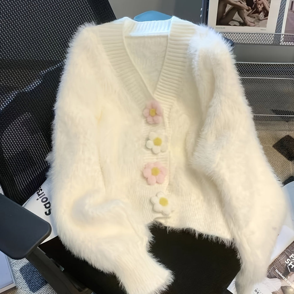 Cozy White Cardigan with Floral Buttons