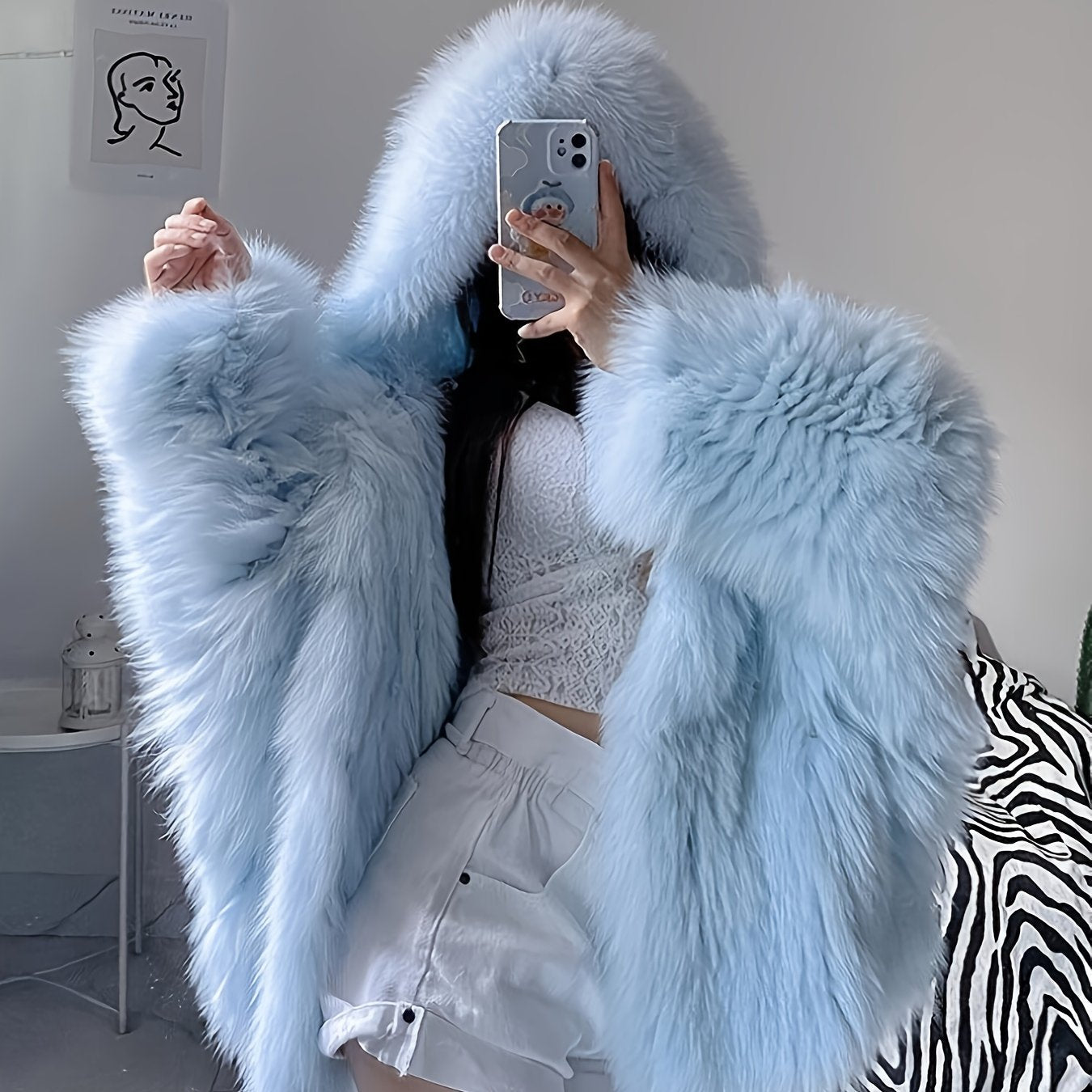 Women's Faux Fur Hooded Jacket - Elegant Winter Coat with Hood, Soft Fuzzy Outerwear, Machine Washable Long Sleeve Blue Coat for Fall & Winter, Cozy Jacket for Parties,, or Casual Wear (No- Design)