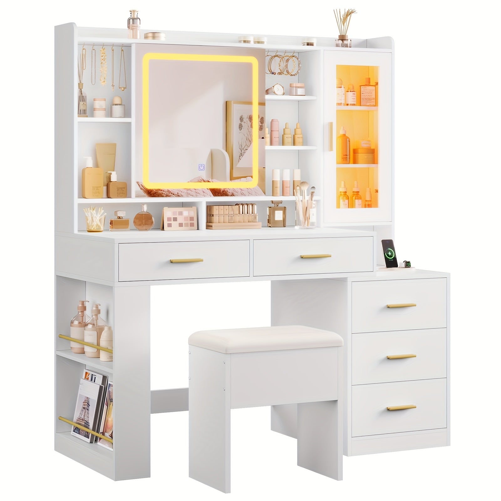 Makeup Vanity With Sliding LED Lighted Mirror And Charging Station