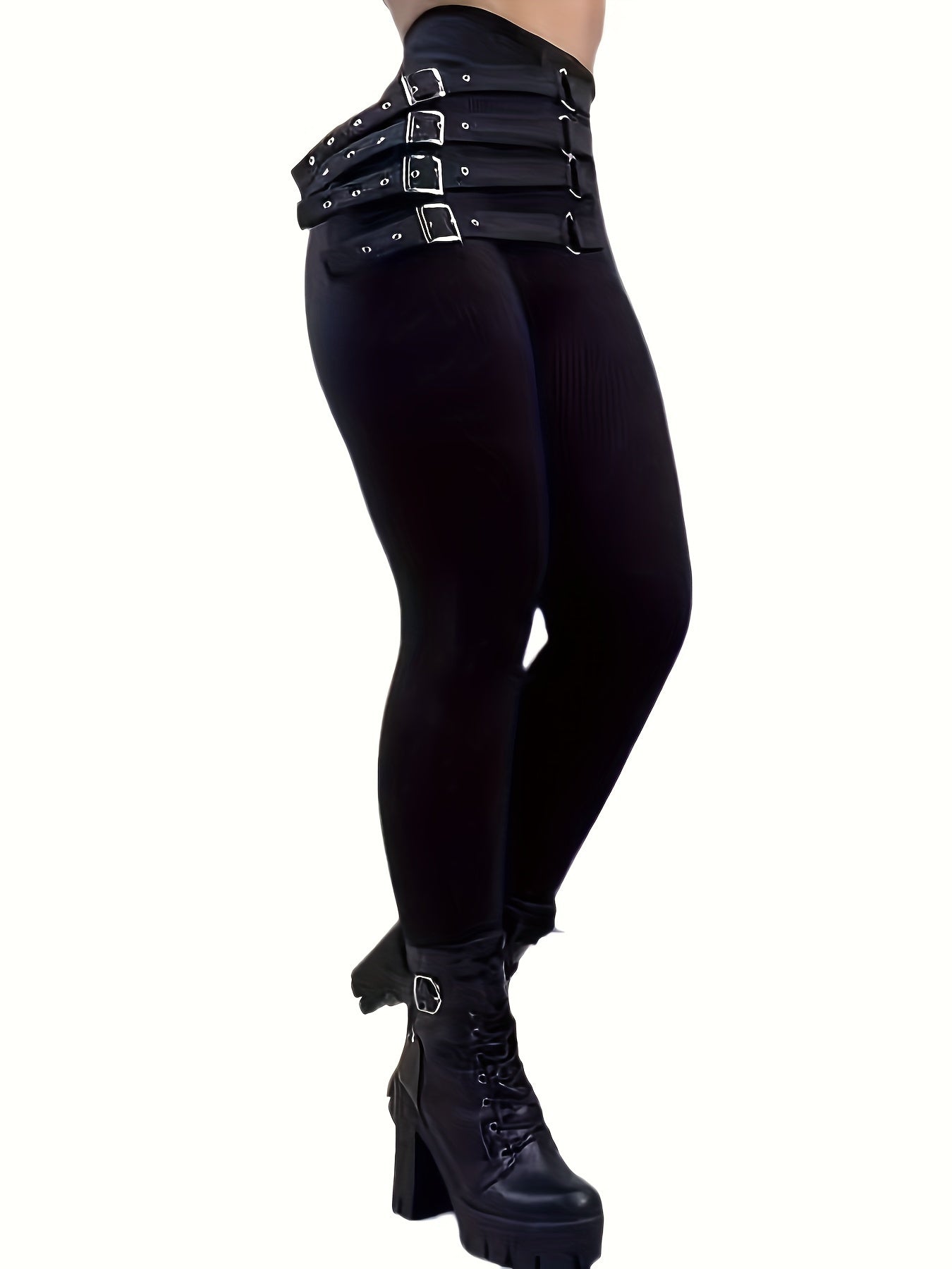 1pc Women'S Sexy Polyester Leggings with Fashion Belt, Solid Color Stretchy Knit Pants for All Seasons, Adult Fit