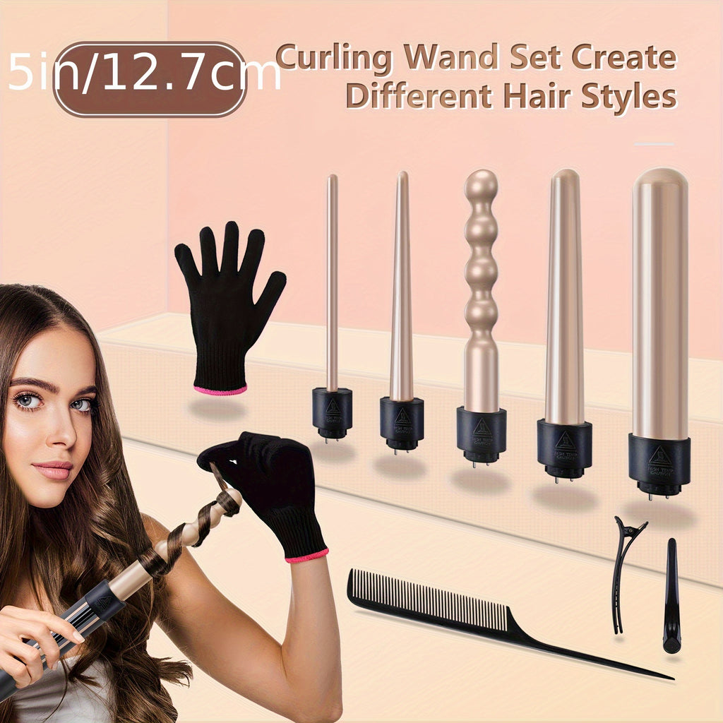 Hair Curling Wand 5in 1 Hair Curlers Iron Set 0.4" - 1.25" with 5 Ceramic Interchangeable Barrel