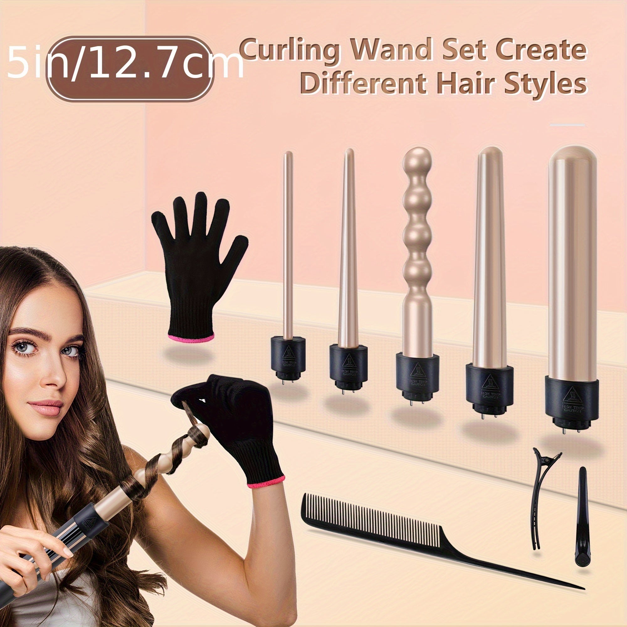 Hair Curling Wand 5in 1 Hair Curlers Iron Set 0.4" - 1.25" with 5 Ceramic Interchangeable Barrel