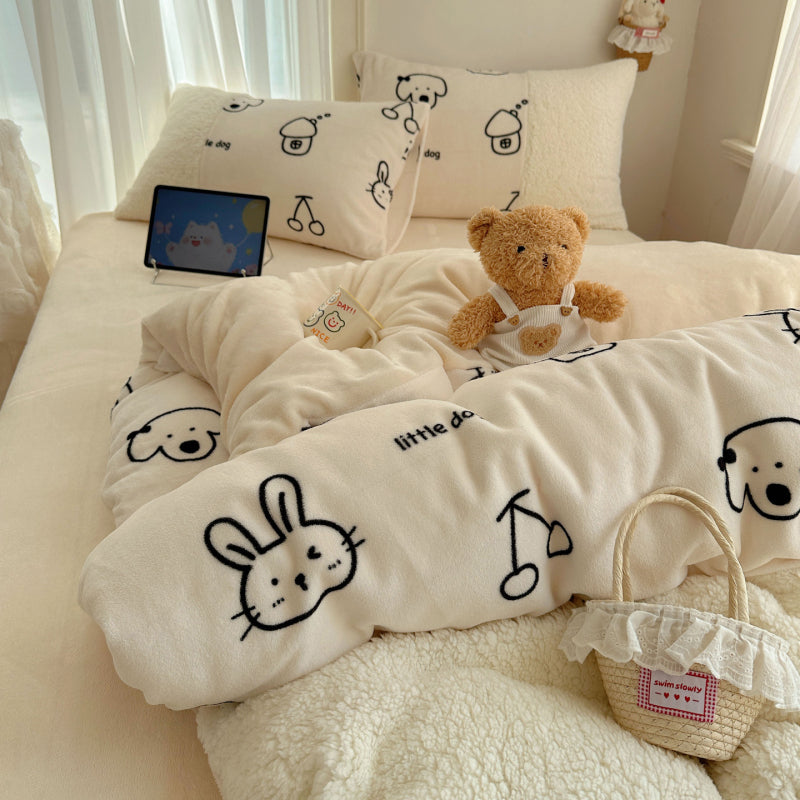 {3/4pcs} Cartoon Lambskin + Milk Velvet Set