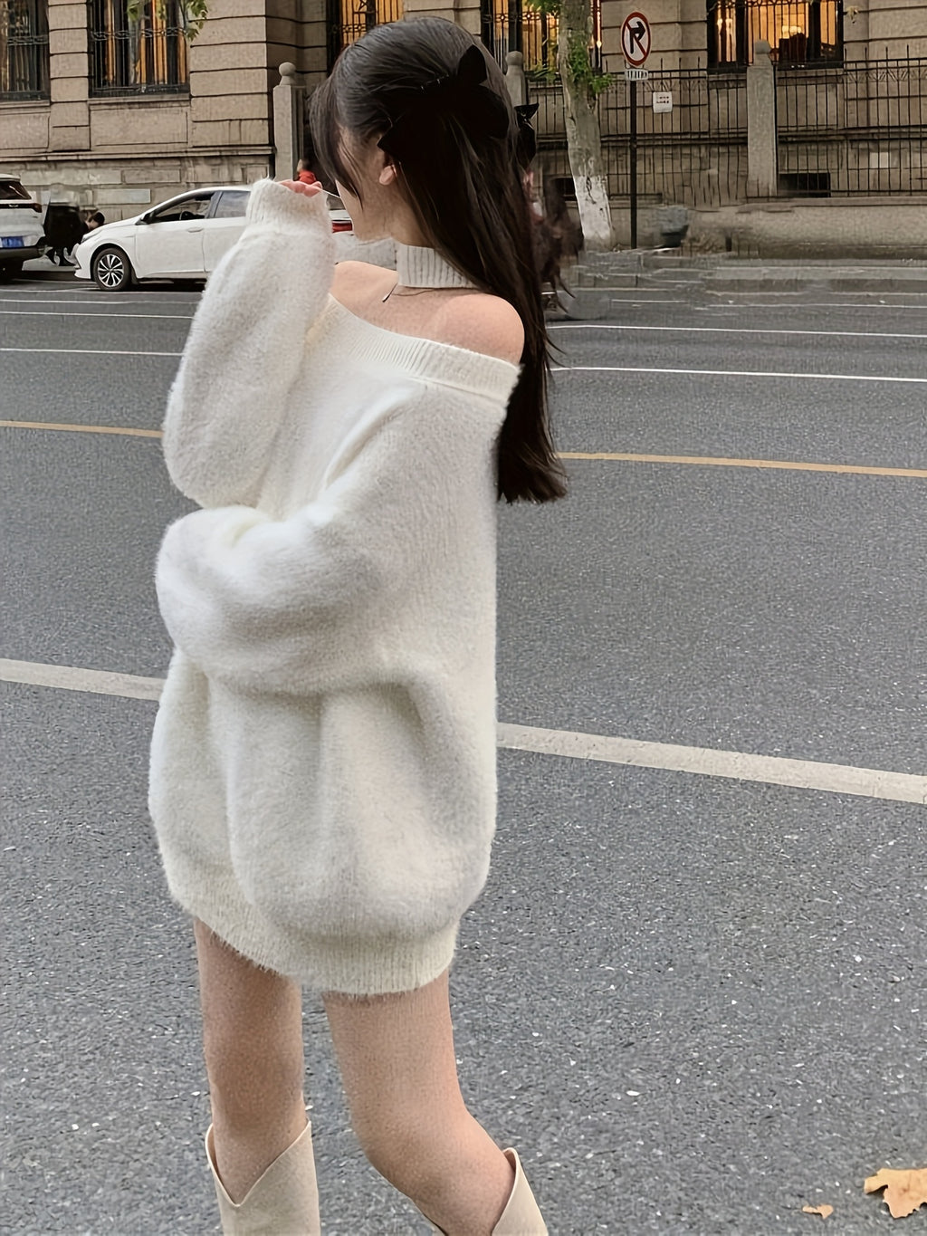 's White Oversized Off-Shoulder Winter Sweater - Collar Long Sleeve Loose Fit Coat Jacket, Reversible Collar Blazer for Fall/Winter, Hand Washable (No Transparency) Office to Party Wear