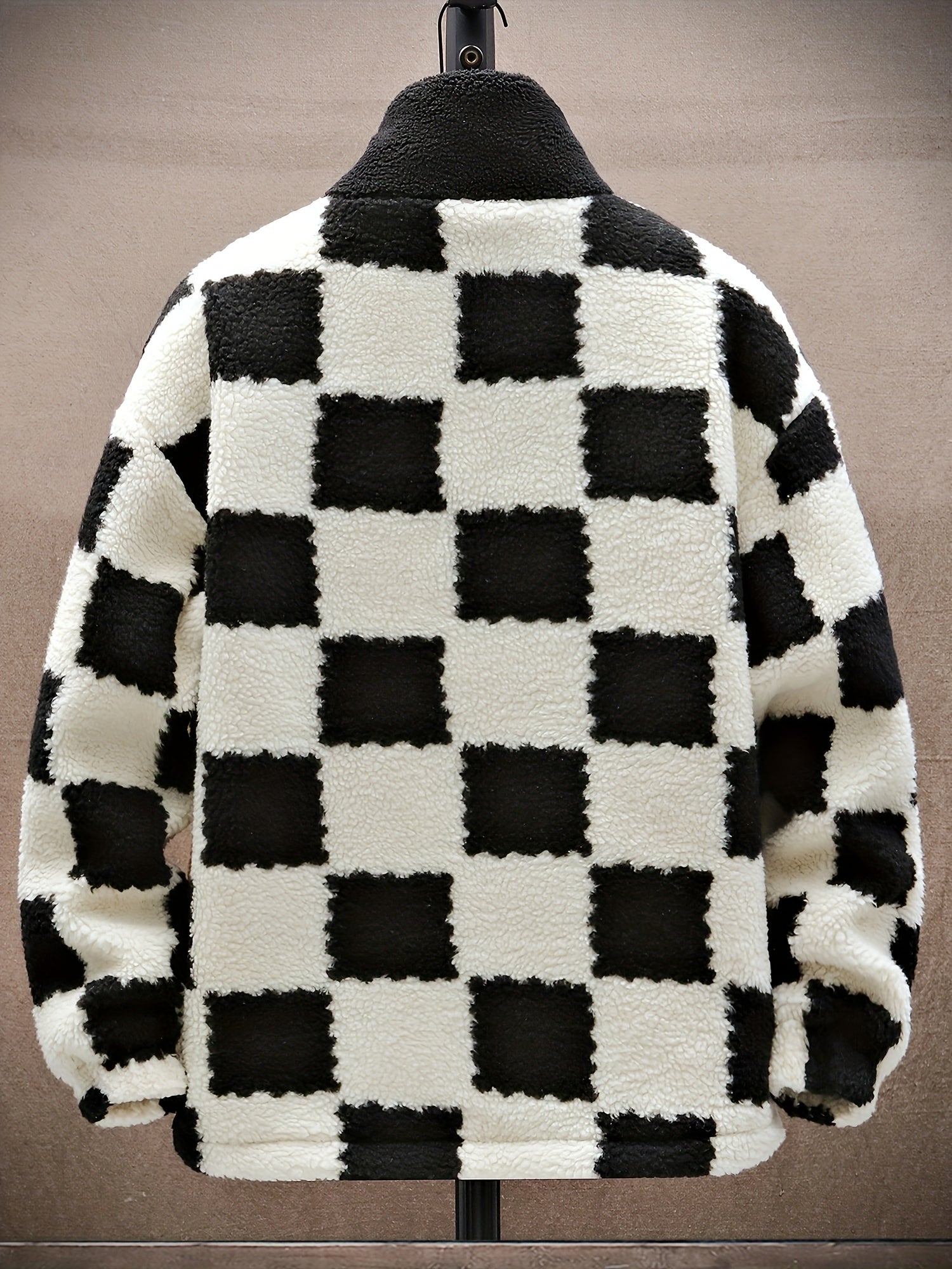 Blue & White Plush Checkered Winter Coat
