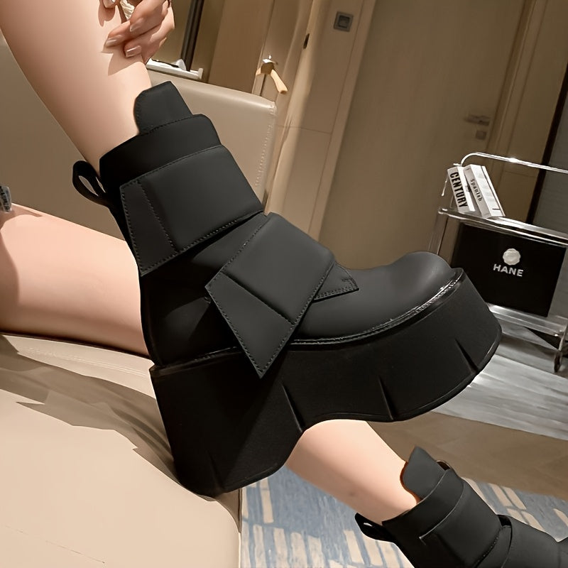 Women&Apos;S Black Platform Wedge Ankle Boots - Round Toe, Slip-Resistant, High Heel with Adjustable Strap & Sole, Fashionable Solid Color Design, Fashionable Footwear | Chic Ankle Boots | Rubber Sole Boot
