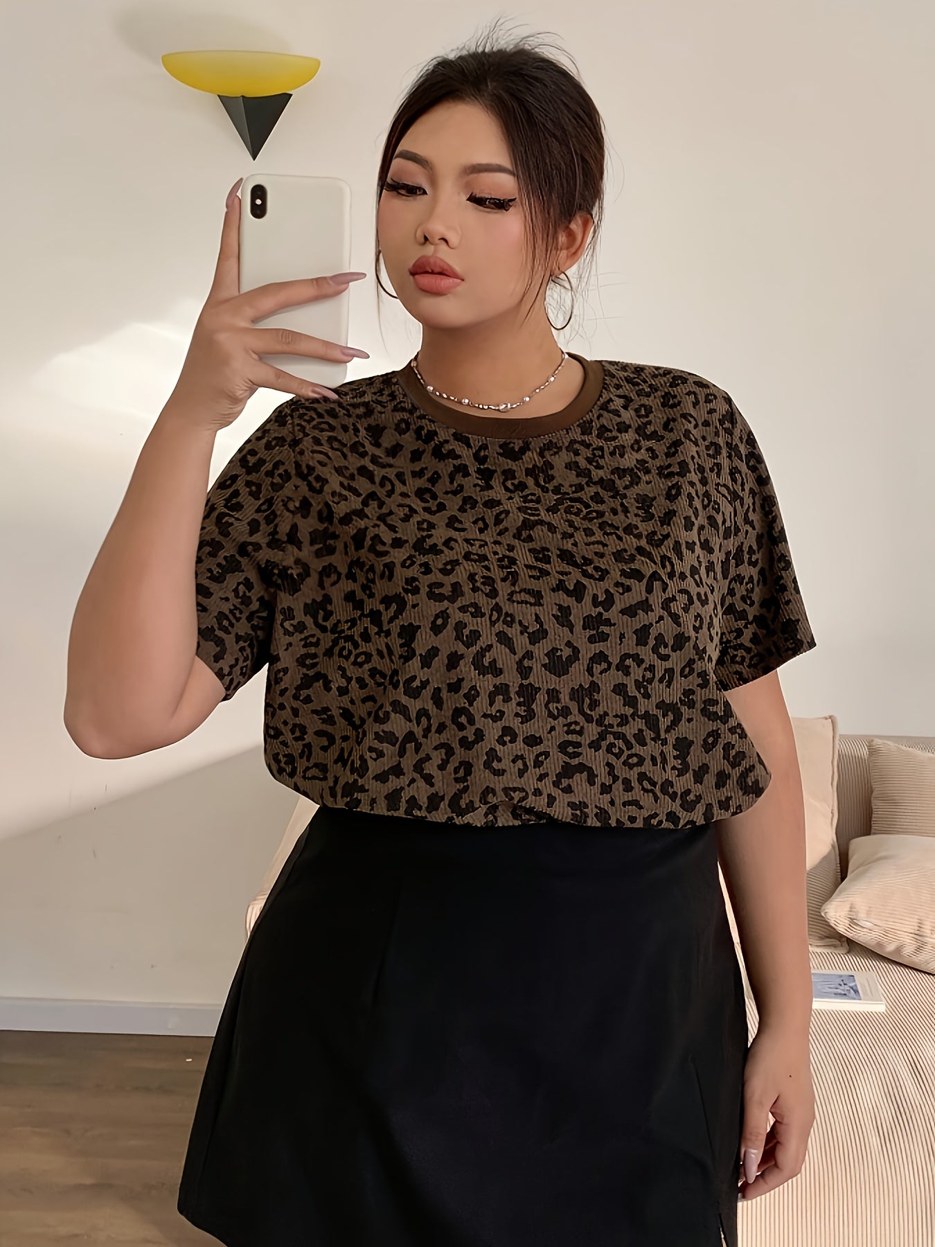 Brown & Black Leopard Print Short Sleeve Blouse
