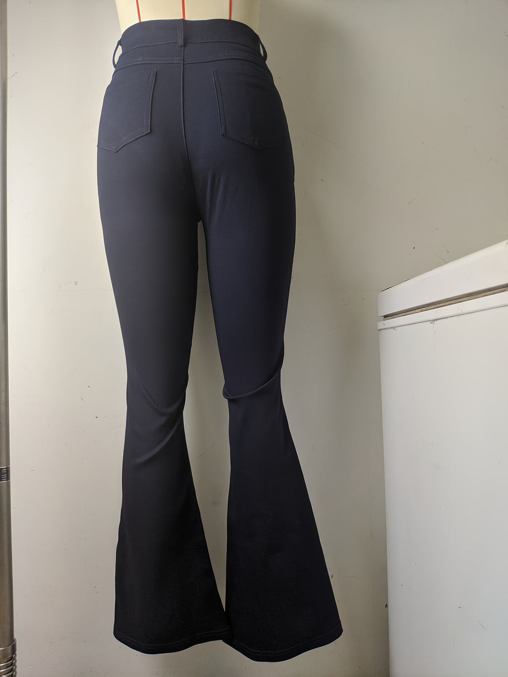 Women's Elegant High-Waist Black Denim Flare Jeans - Stretchy, Bell Bottom with Slash Pockets and Button Closure, Versatile All-Season Wear