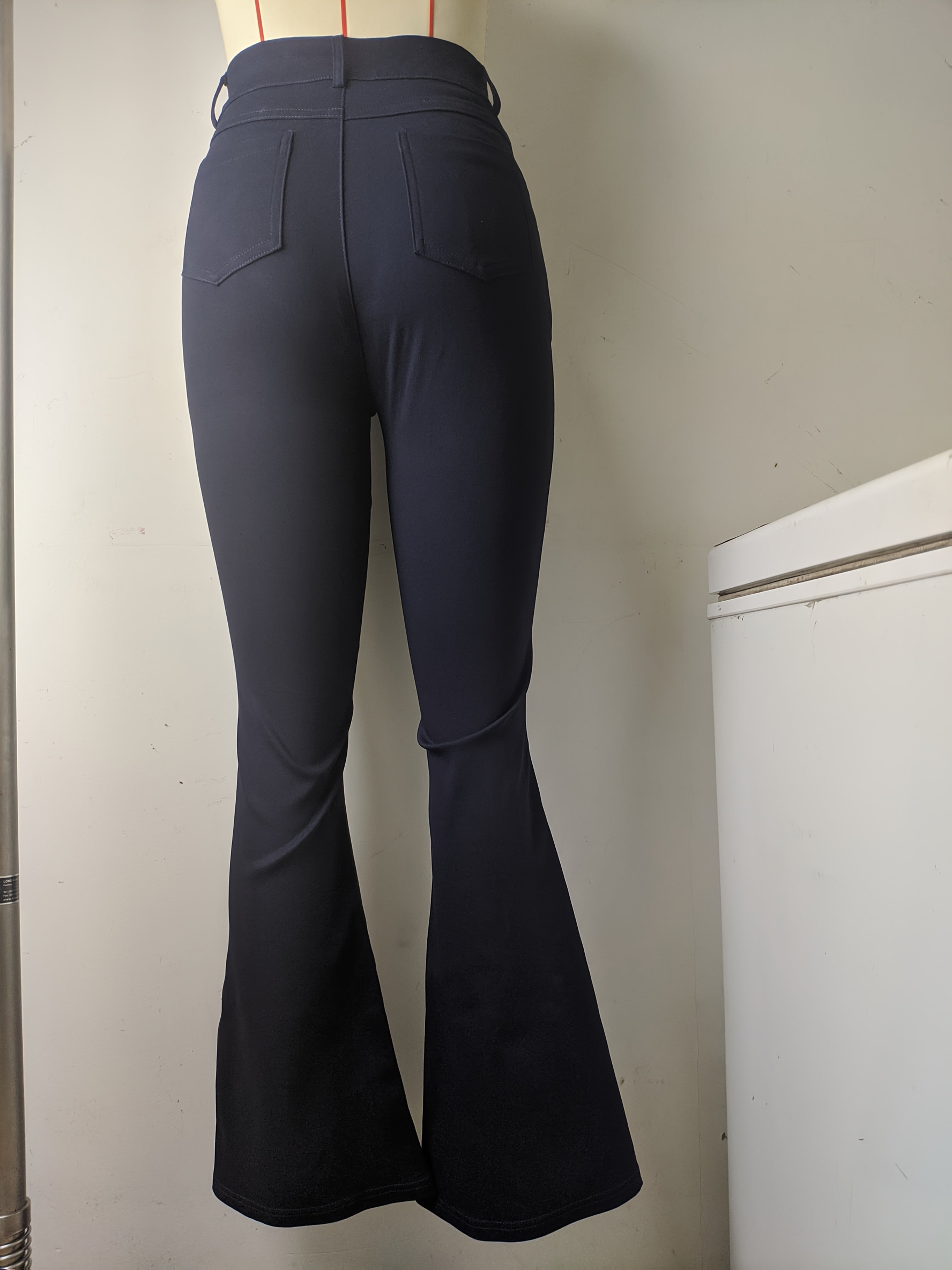 Women's Elegant High-Waist Black Denim Flare Jeans - Stretchy, Bell Bottom with Slash Pockets and Button Closure, Versatile All-Season Wear