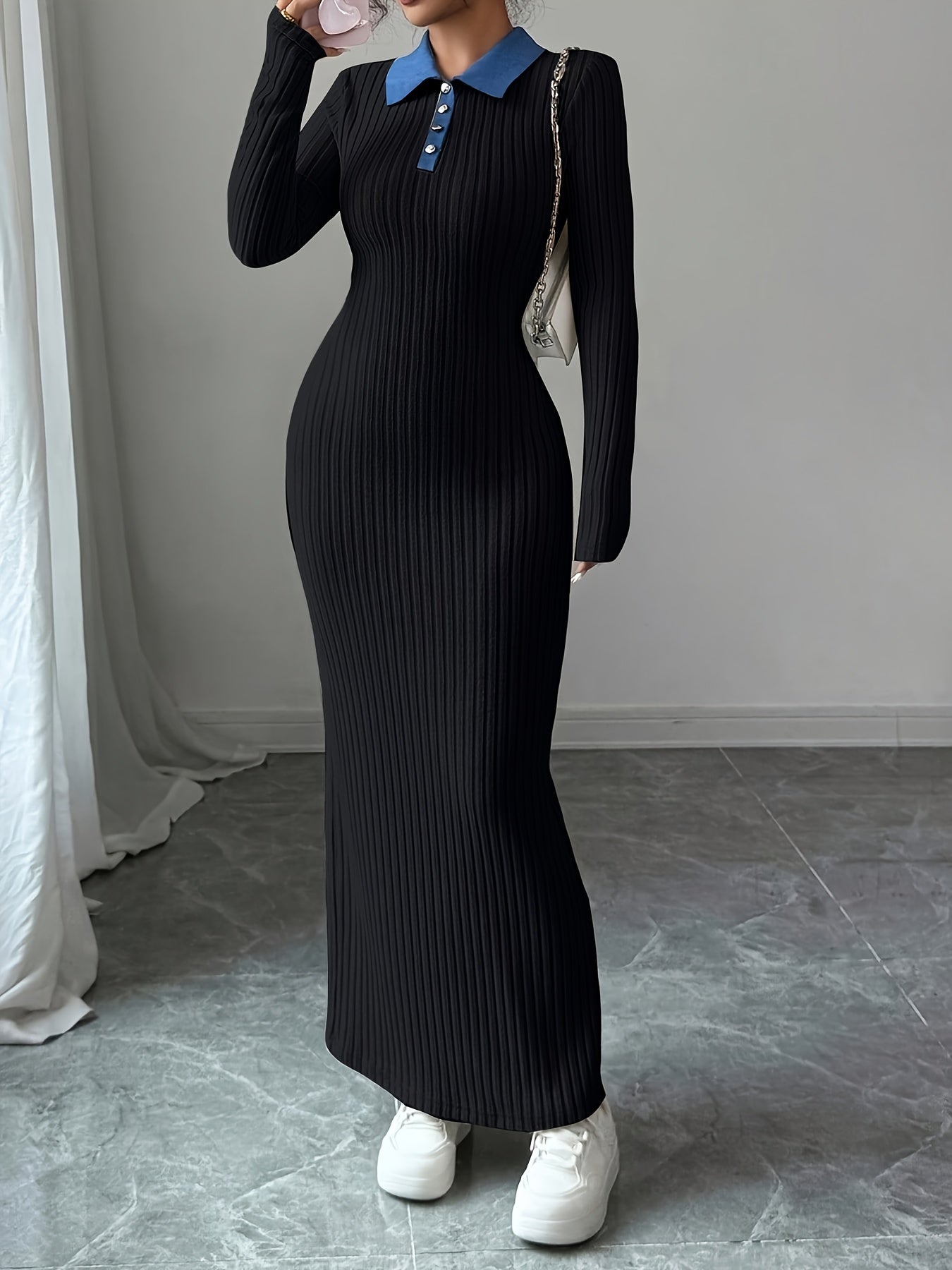 Long Sleeve Slim-Fit Autumn/Winter Dress with Contrast Stripe and Collar Button Design