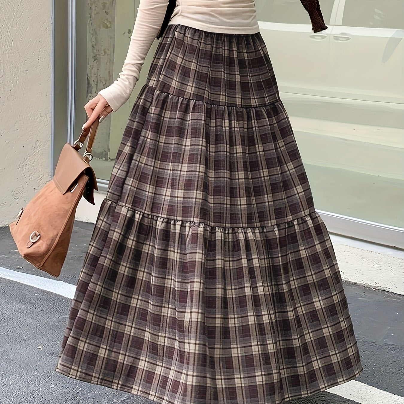 Women'S High-Waisted A-Line Maxi Skirt - Flared Hem, Brown & Black Plaid, Loose Fit Vintage Skirt for Fall/Winter, Casual to Formal Outfits - Non-Belted Waist Everyday & Special Occasion Skirt, Cute Skirts, Winter Fashion, Re