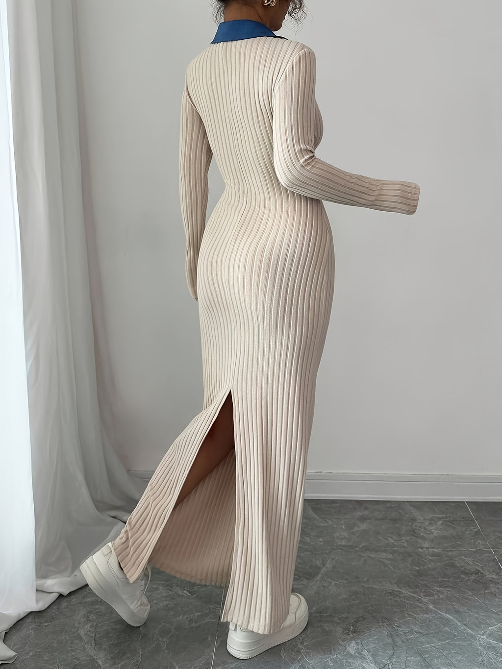 Long Sleeve Slim-Fit Autumn/Winter Dress with Contrast Stripe and Collar Button Design