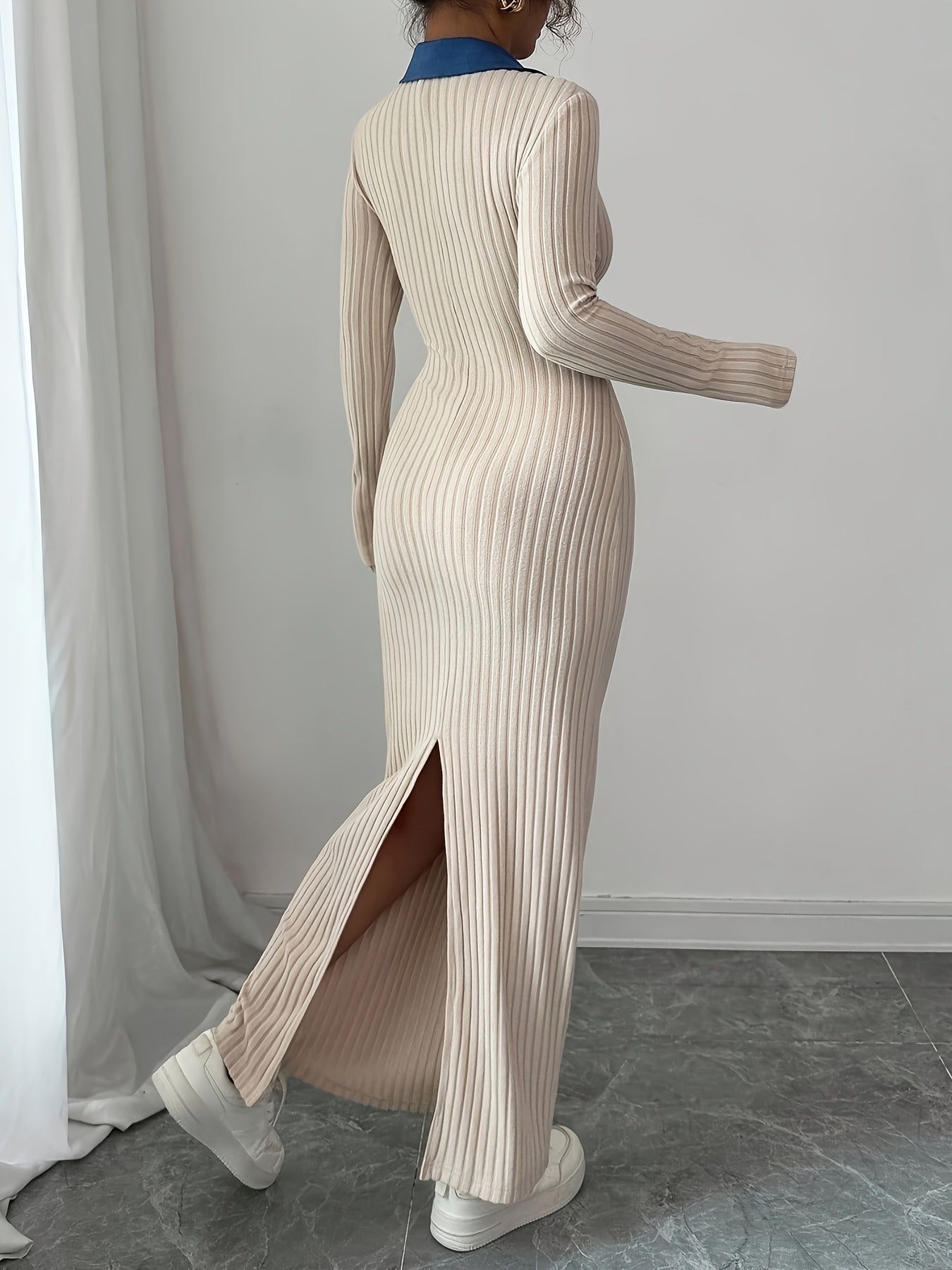 Long Sleeve Slim-Fit Autumn/Winter Dress with Contrast Stripe and Collar Button Design