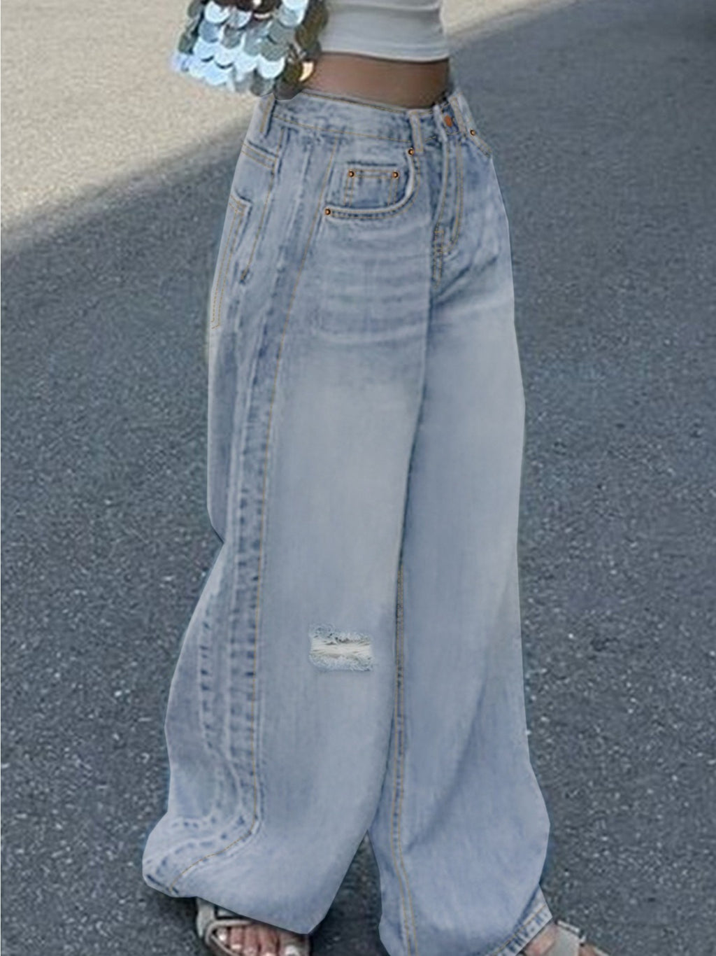 Slashed Straight Light Blue Jeans