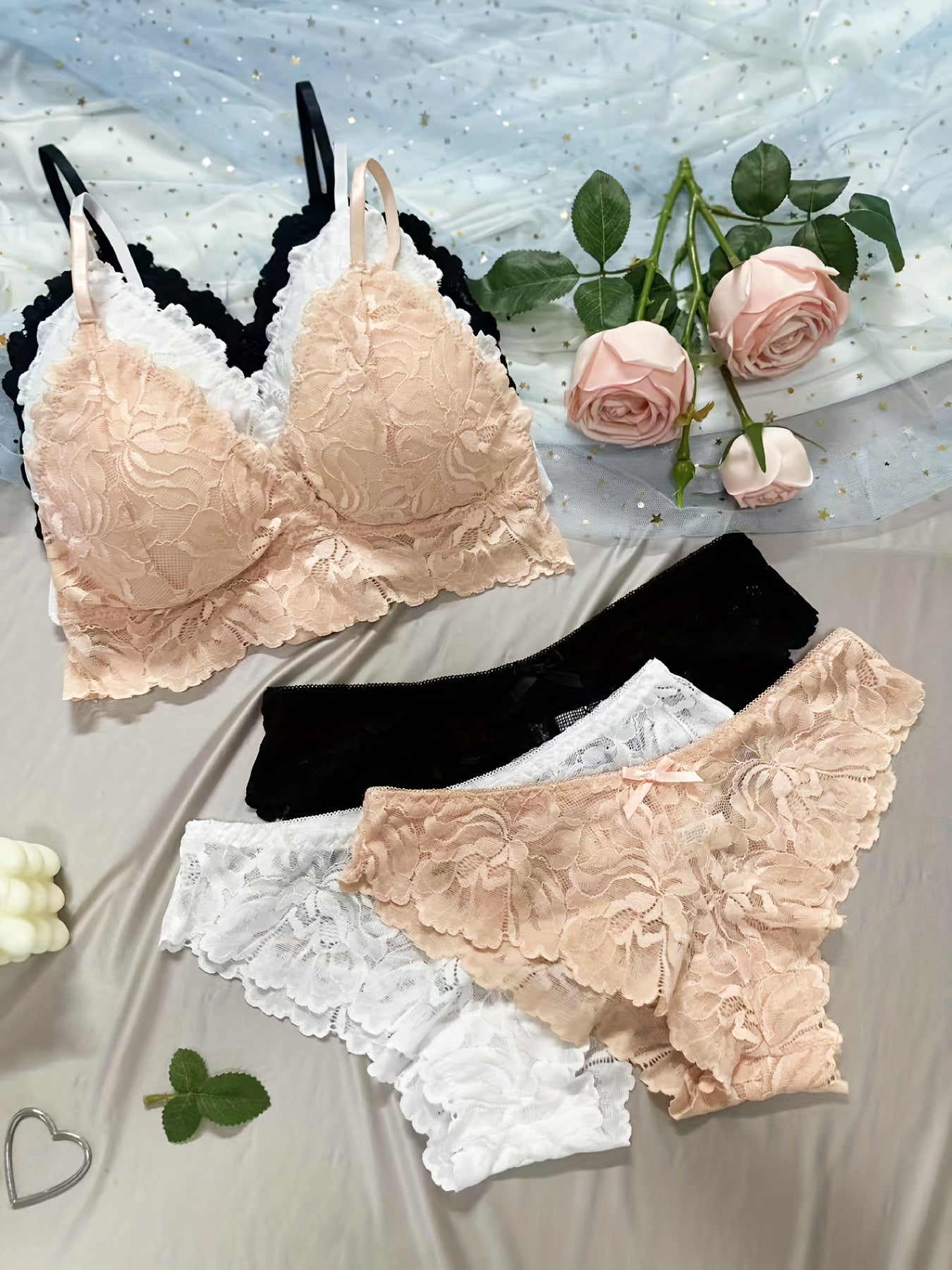 Lace Underwire Full-Bust Lace Bra & High-Waisted Panties Set {3pcs}