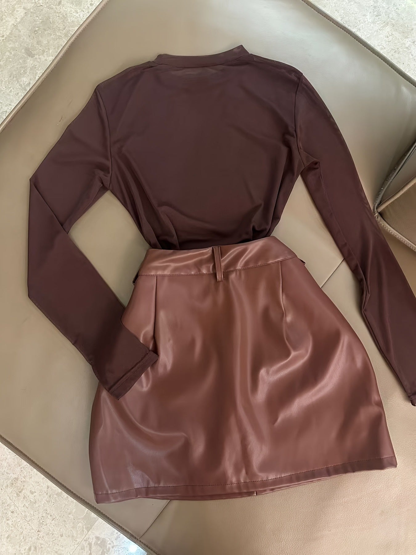 Semi-Sheer Mesh Pullover Long Sleeve T-Shirt + Waist Bag Skirt Set