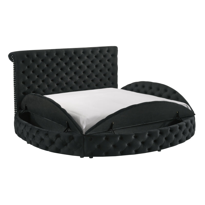 Queen Size Round Plush Black Veet Button-Tufted Storage Bed Frame