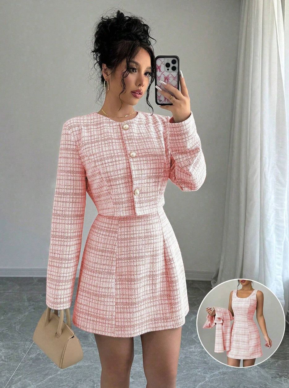 Women'S Fall/Winter Fashionable Elegant Dress Two- Piece Set- Single- Breasted Short Coat+ French Retro Tweed Dress