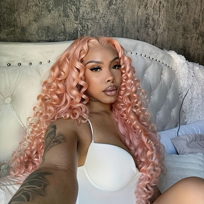 13x4 Pink Wigs Deep Wave Curly Wave Lace Front Wigs HD Lace Glueless Lace Front Wig Pre Plucked Heat Resistant Fiber Wig For Fashion Women Girls Party Vacation Daily Used Valentine'S Day 28inch