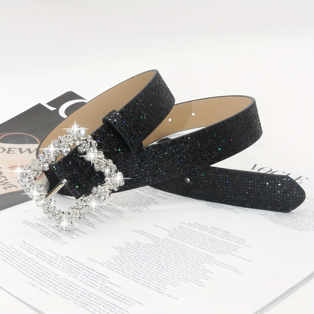 Rhinestone PU Leather Belt with Metallic Buckle