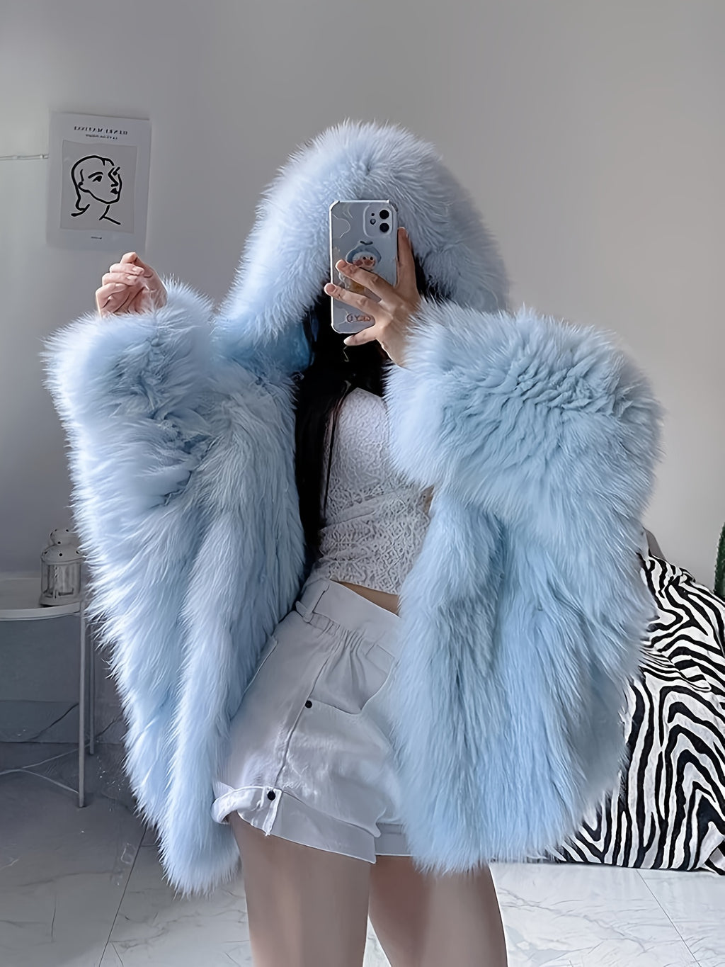 Women's Faux Fur Hooded Jacket - Elegant Winter Coat with Hood, Soft Fuzzy Outerwear, Machine Washable Long Sleeve Blue Coat for Fall & Winter, Cozy Jacket for Parties,, or Casual Wear (No- Design)