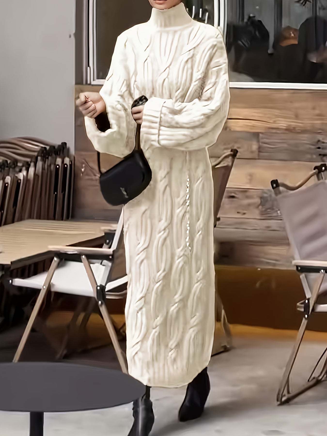 Vintage Drawstring High Neck Long Sleeve Fabric Dress